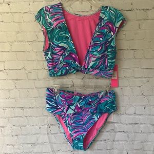 Lilly Pulitzer Don’t Wanna Leaf swimsuit high waisted and cap sleeve size 12 NWT
